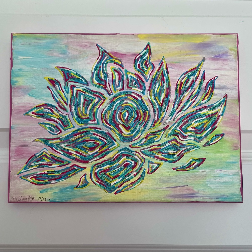 🎉🌈 ORIGINAL LOTUS FLOWER PAINTING 9”x12” Rainbow w Pastel Blended Background